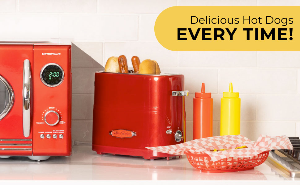 Red Nostalgia appliances (toaster and microwave) w/ yellow mustard and red ketchup bottle on counter