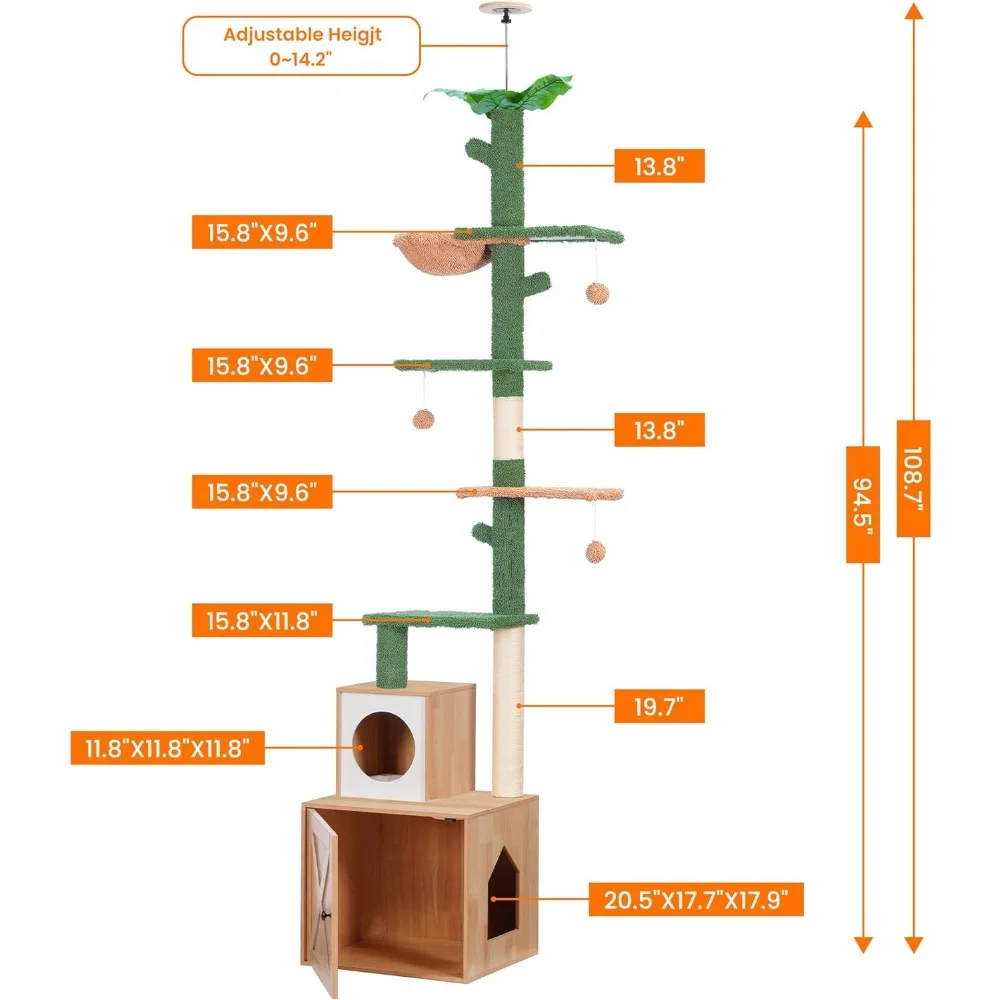 Cat Climbing Tower Adjustable 95-109 Inches with Basket  Tree Floor to Ceiling Cactus with Wood Litter Box Enclosure,Cat Condo