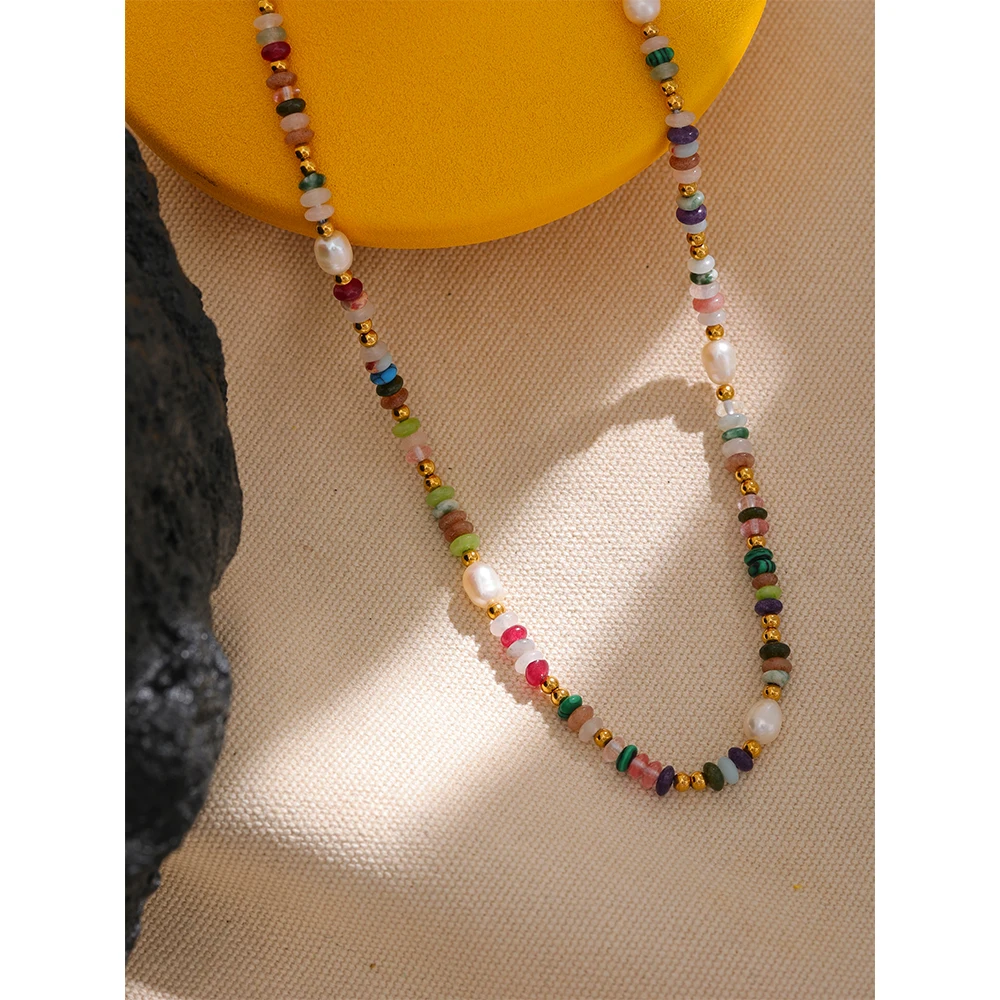 Yhpup Y2K Natural Pearl Stone Colorful Handmade Boho Necklace Women Stainless Steel Aesthetic Gold Color Fashion Jewelry 2023
