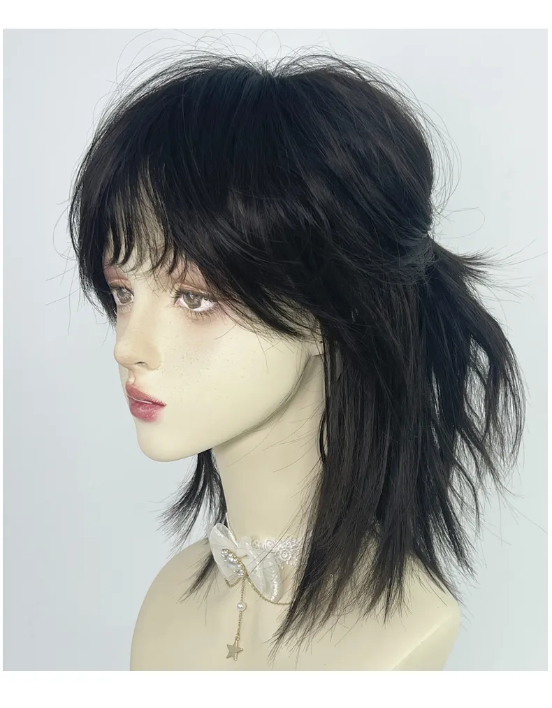 VICWIG Mullet Head Wig Short Synthetic Straight Black Fluffy Natural Wolf Tail Hair Men and Women Wig for Daily Party Cosplay