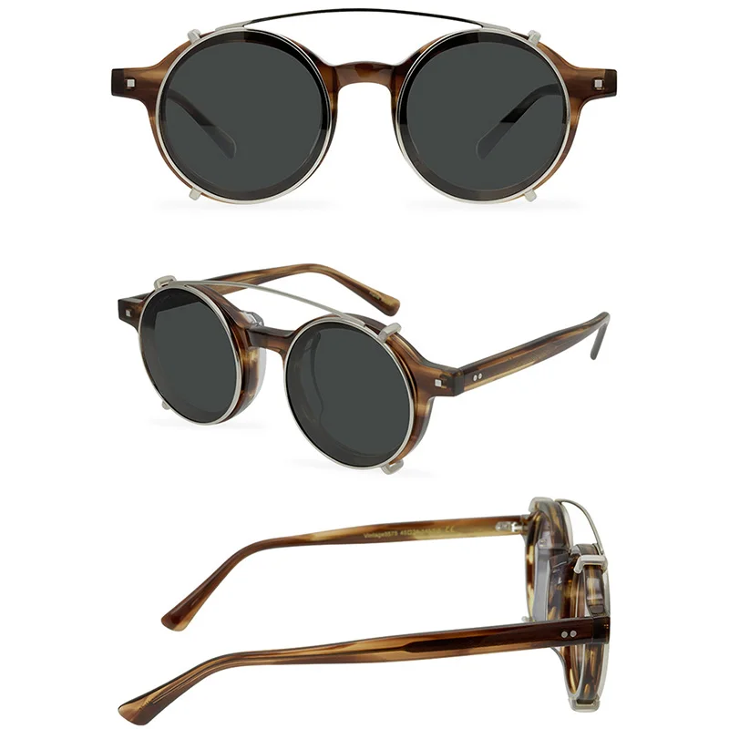 Belight Optical Round Retro Women Men UV400 Protection Vintage Acetate Clip on Sunglasses with Case Oculos 9575