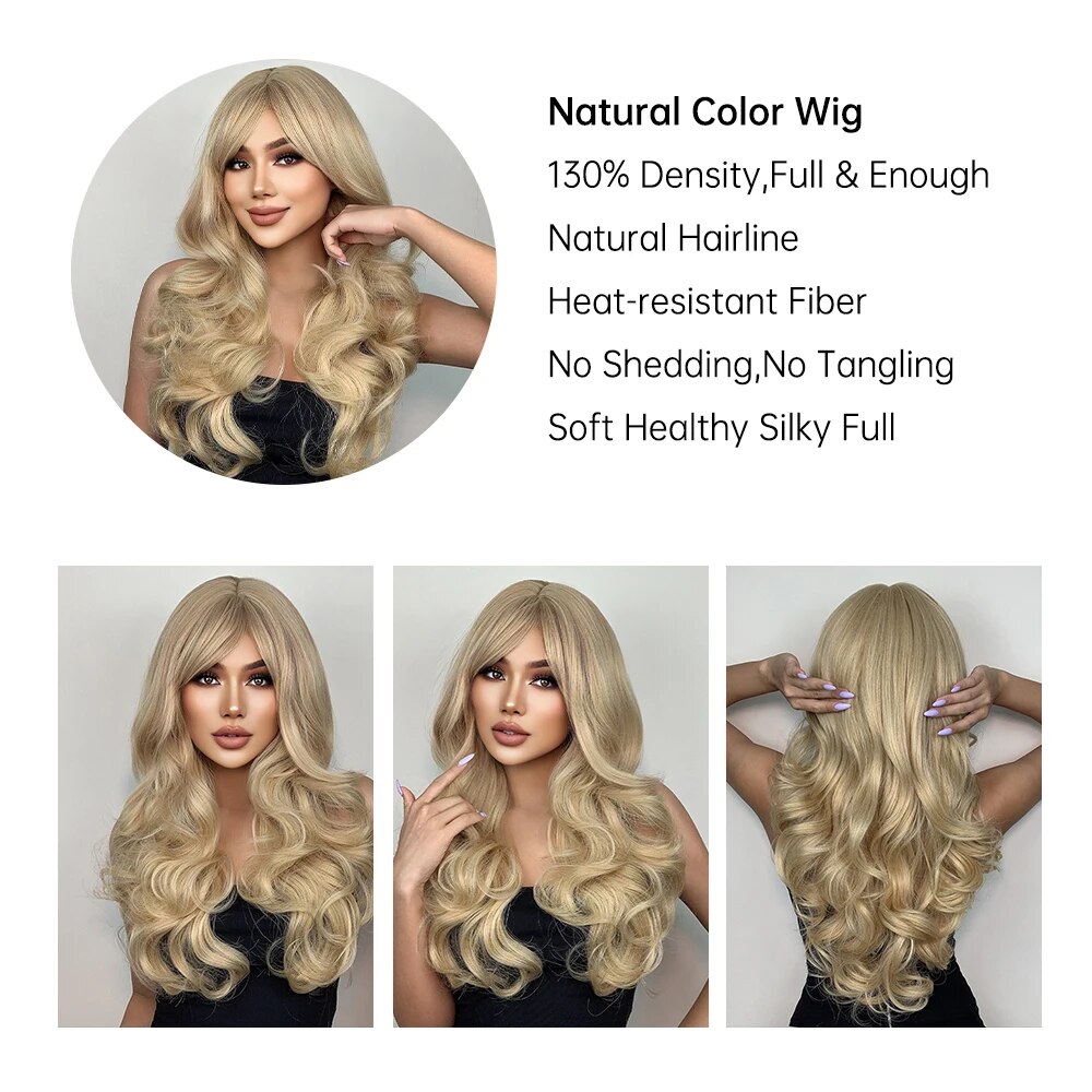 HENRY MARGU Synthetic Ombre Platinum Blonde Wig Long Wavy Wig with Bangs for Women Cosplay Party Heat Resistant Fake Hair Wig