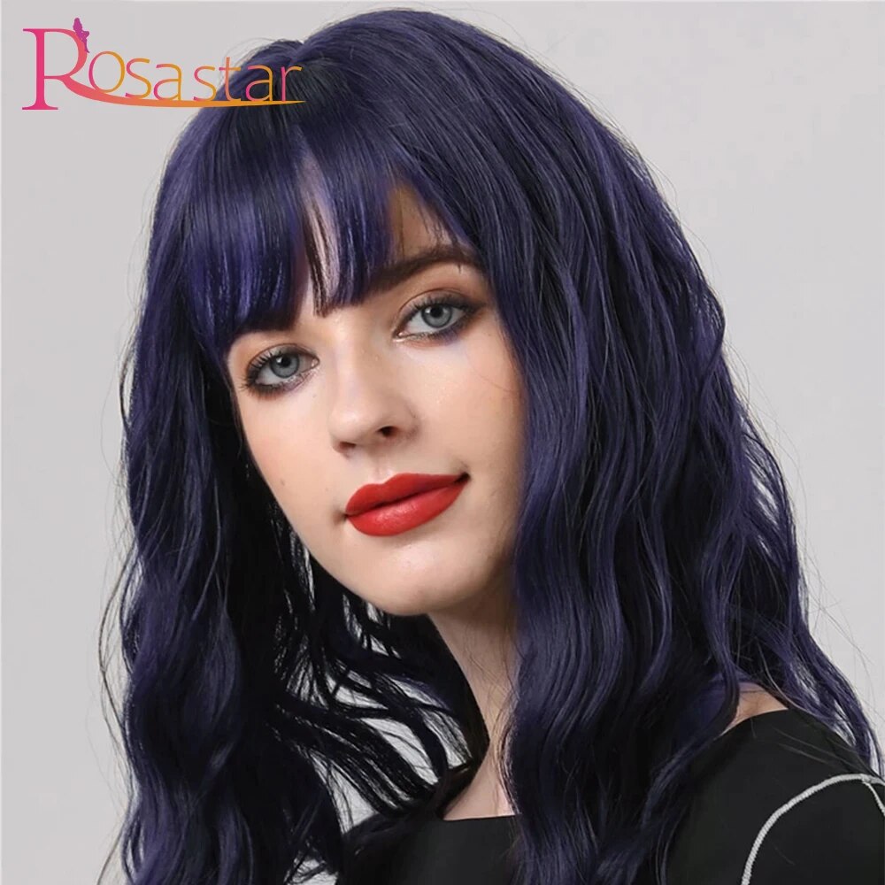 ROSA STAR Hair Navy Blue Wigs for Women Natural Looking Curly Short Air Bangs Heat Resistant Synthetic Wigs 16 