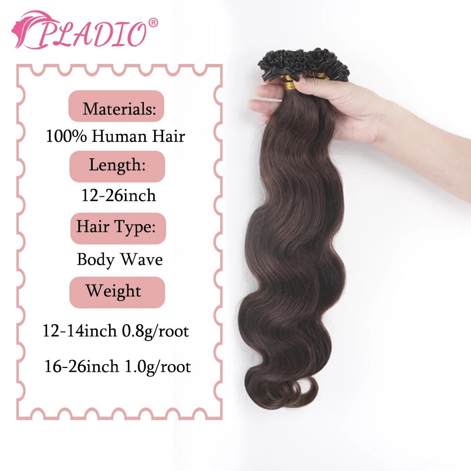 PLADIO Body Wave U Tip Hair Extensions 100% Real Remy Human Hair 12-26 Inch Pre Bonded Keratin Hair Extensions For Salon Supply
