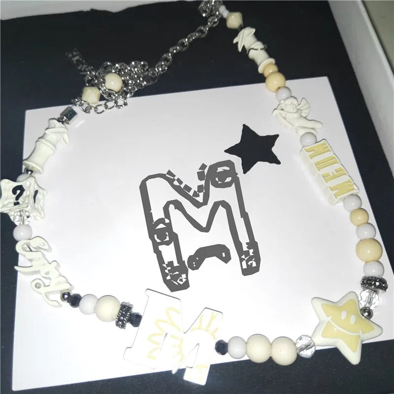 2023 New Original Bead Trendy Cool Alphabet Necklace Hip Hop Angel Lucky Star Item Guochao Couple Accessories
