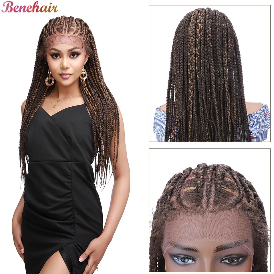 30inch Full Lace Box Braided Wigs for Black Women Glueless Braided Lace Front Wig with Baby Hair Synthetic Braiding Hair Wig