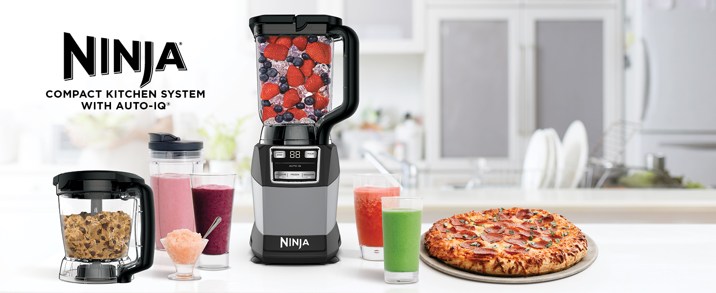 ninja compact kitchen system with auto iq with cookie dough, smoothies, frozen treats, and pizza