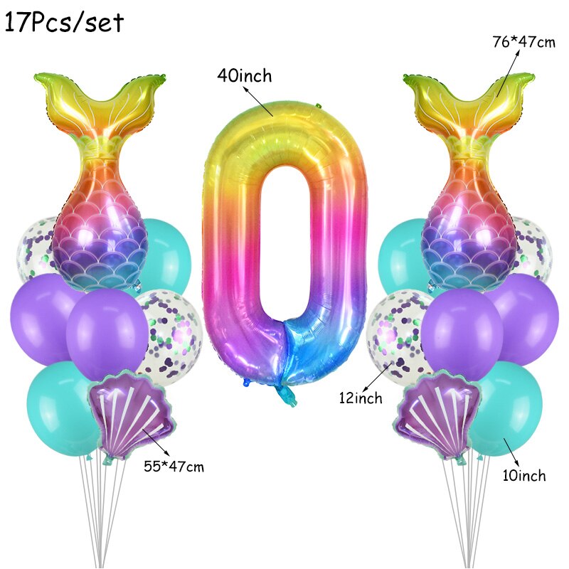 17Pcs/Set Mermaid Theme Party Rainbow Digital Foil Balloons Combination Baby Shower Birthday Party Decoration Balloon