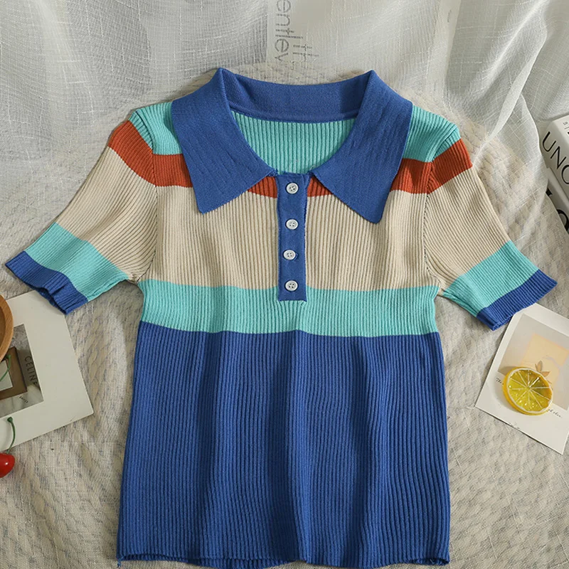 Pearl Diary Korean Version Contrast Color Stripe Turndown Collar Top Women Summer New Style Thin T-Shirt All-Match Knitting Top