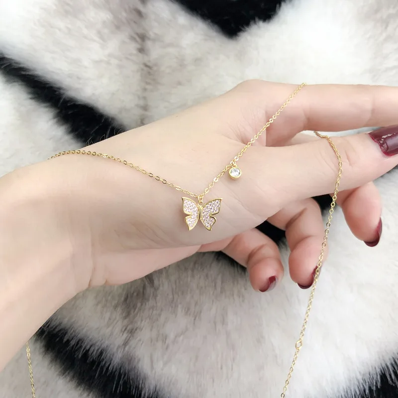 ANENJERY Silver Color Butterfly Necklace for Women Shiny Zircon Clavicle Chain Necklace Jewelry Party Gift