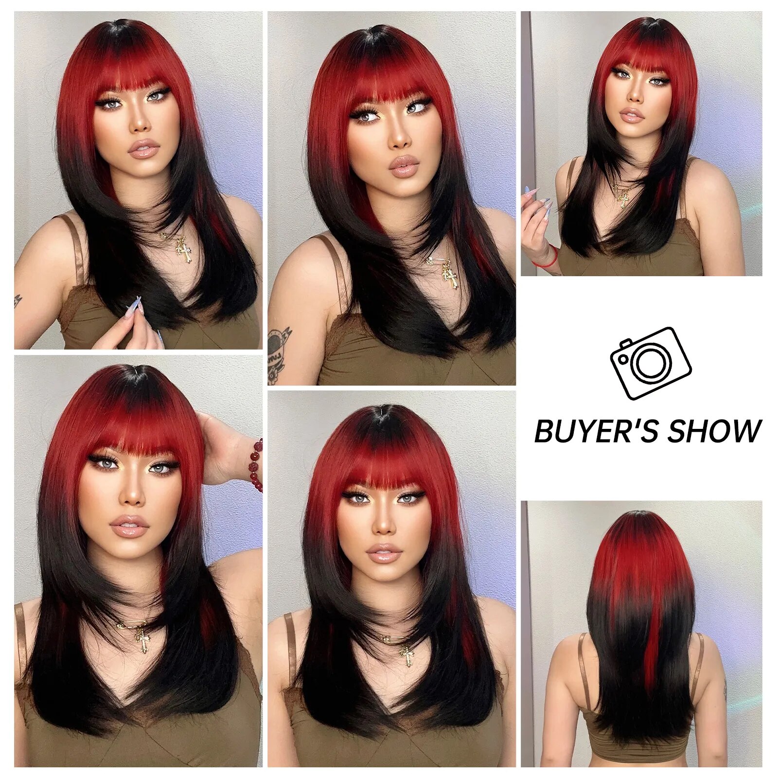 HENRY MARGU Long Straight Layered Wigs With Bangs Ombre Red to Black Wig Heat Resistant Fiber Natural Synthetic Wig for Women