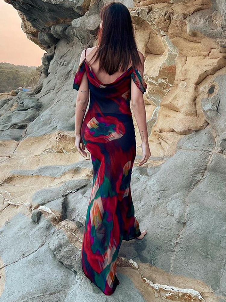 Summer Elegant Off Shoulder Print Maxi Dress for Women Hot Sexy Mesh See Through Club Party Dresses Holiday Beach Female Outfits
