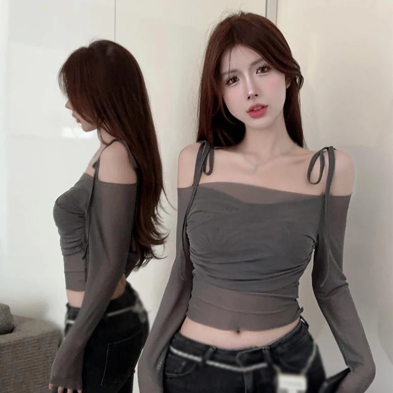 Women's top French style Mesh Sunscreen Women's Off shoulder Strap T-shirt