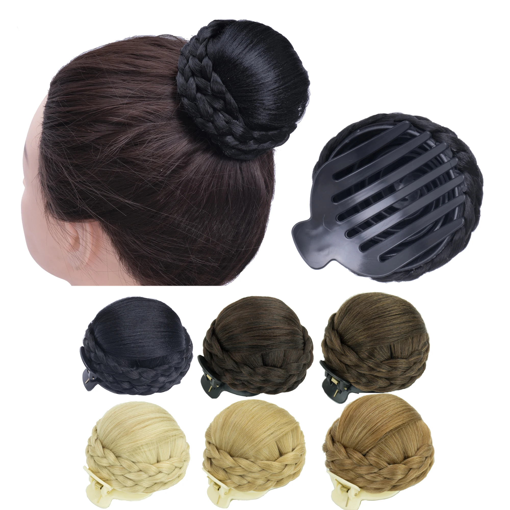Soowee Synthetic Hair Braided Chignon Dancer Fake Hair Comb Clip Donut Scrunchie Claw Hair Bun Cover Updo for Women and Kids