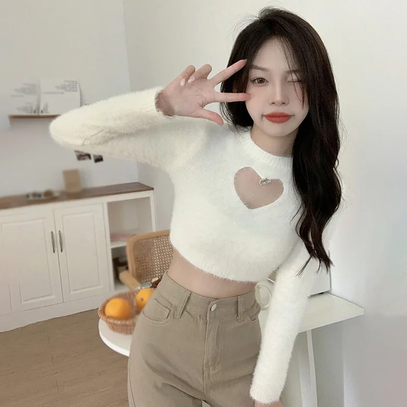 Women's Tops Love Hollow Out Slim Sexy Long Sleeves Sweater Solid Color