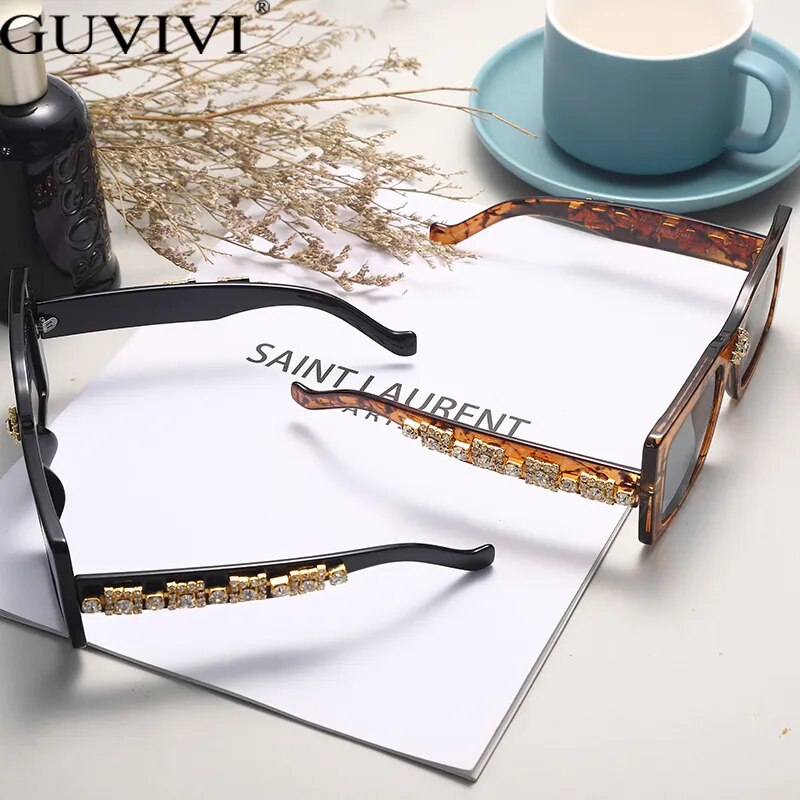Luxury Rhinestone Square Retro Sunglasses Punk Oversize Geometric Diamond Decor Eyeglasses Women Men Hip Hop Shades UV400