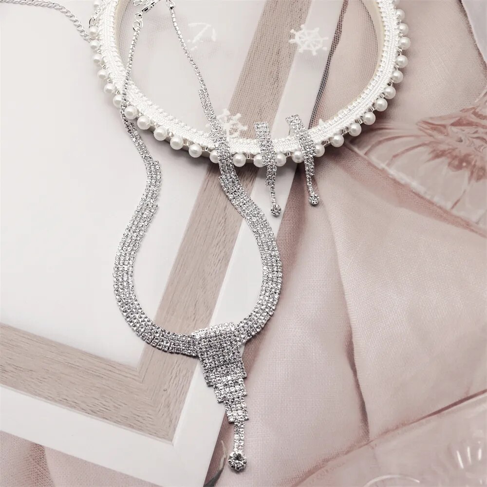 Dubai Gold Color  Jewelry Sets Nigerian Wedding African Beads Crystal Bridal Long Drop Rhinestone Ethiopian Jewelry parure