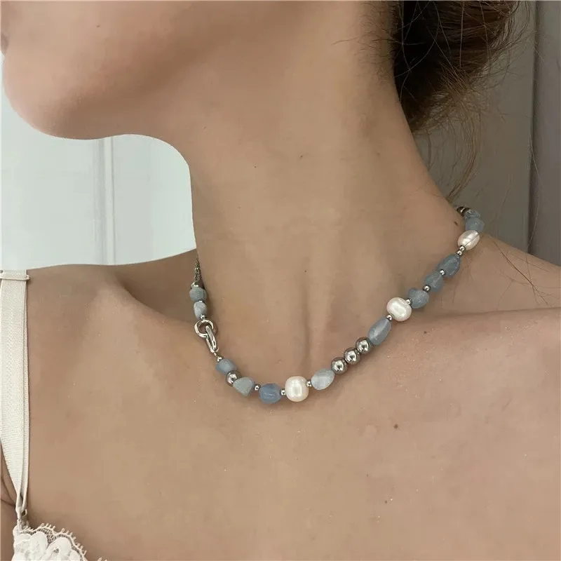 Aesthetic Blue Natural Stone Mix Freshwater Pearl Necklaces Summer Irregular Choker On The Neck Beads Exquisite Trend Jewelry
