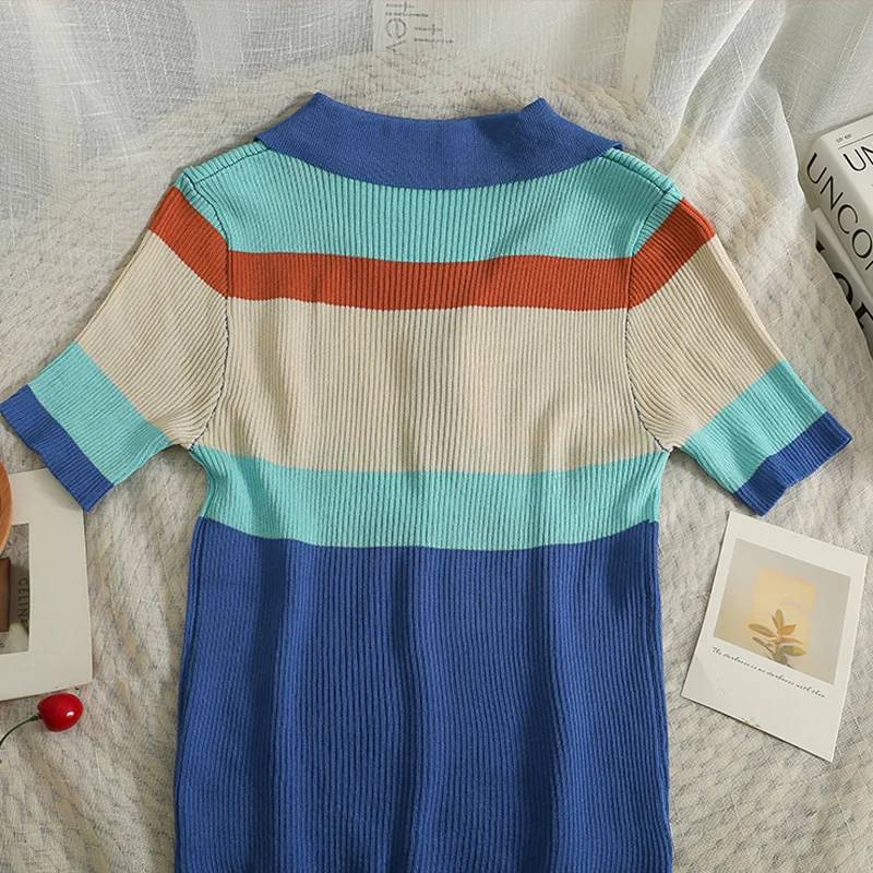 Pearl Diary Korean Version Contrast Color Stripe Turndown Collar Top Women Summer New Style Thin T-Shirt All-Match Knitting Top
