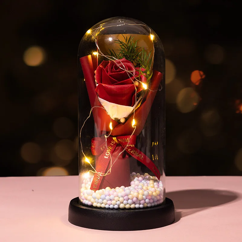 Glass cover soap rose carnation bouquet, Artificial flowers for home decoration, Valentine's Day gifts on Teacher's Day