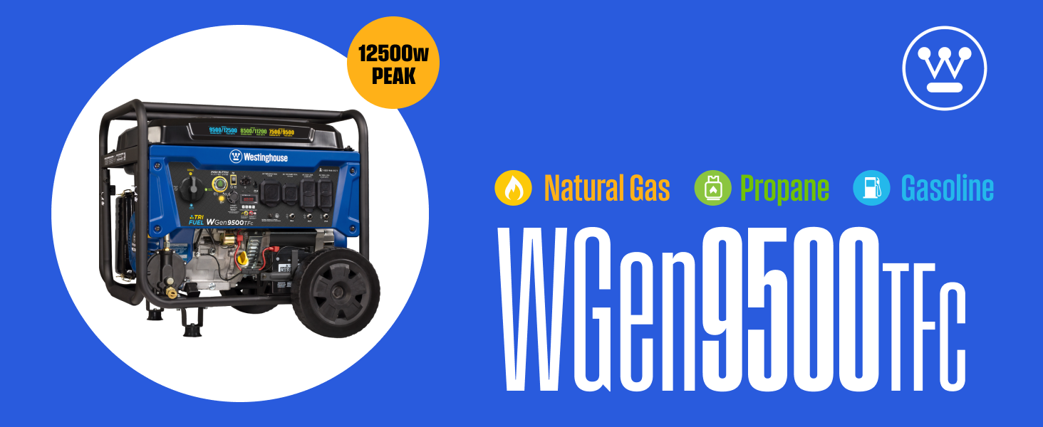 WGen9500TFc Tri-Fuel Portable Generator 12500 peak watts runs on natural gas, propane, or gasoline.