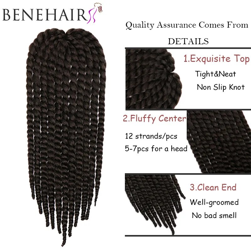 BENEHAIR Synthetic 18'' Twist Braid Hair Crochet Braiding Hair Extension Fake Hair For Black Women Black Bomb Twist