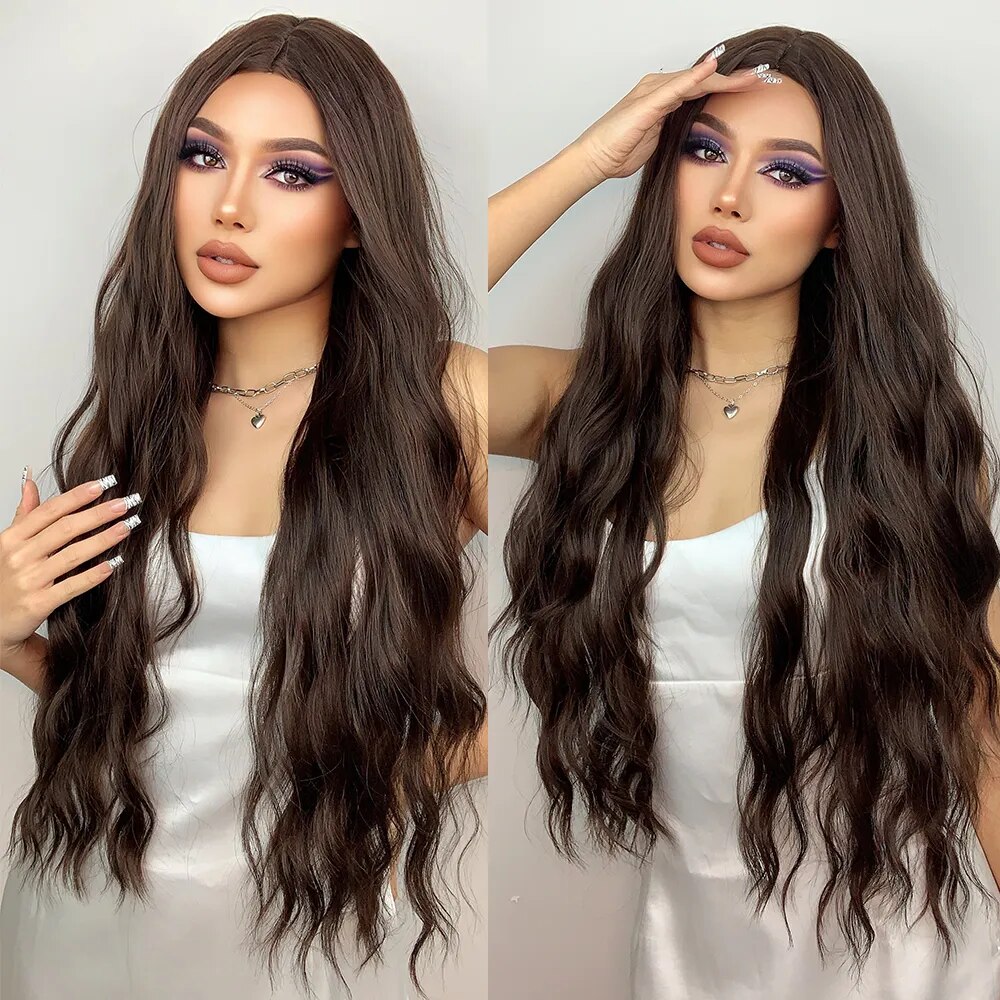 HENRY MARGU Long Brown Wavy Synthetic Wigs Middle Part Natural  Curly Wig for Black Women Cosplay Daily Heat Resistant Fake Hair