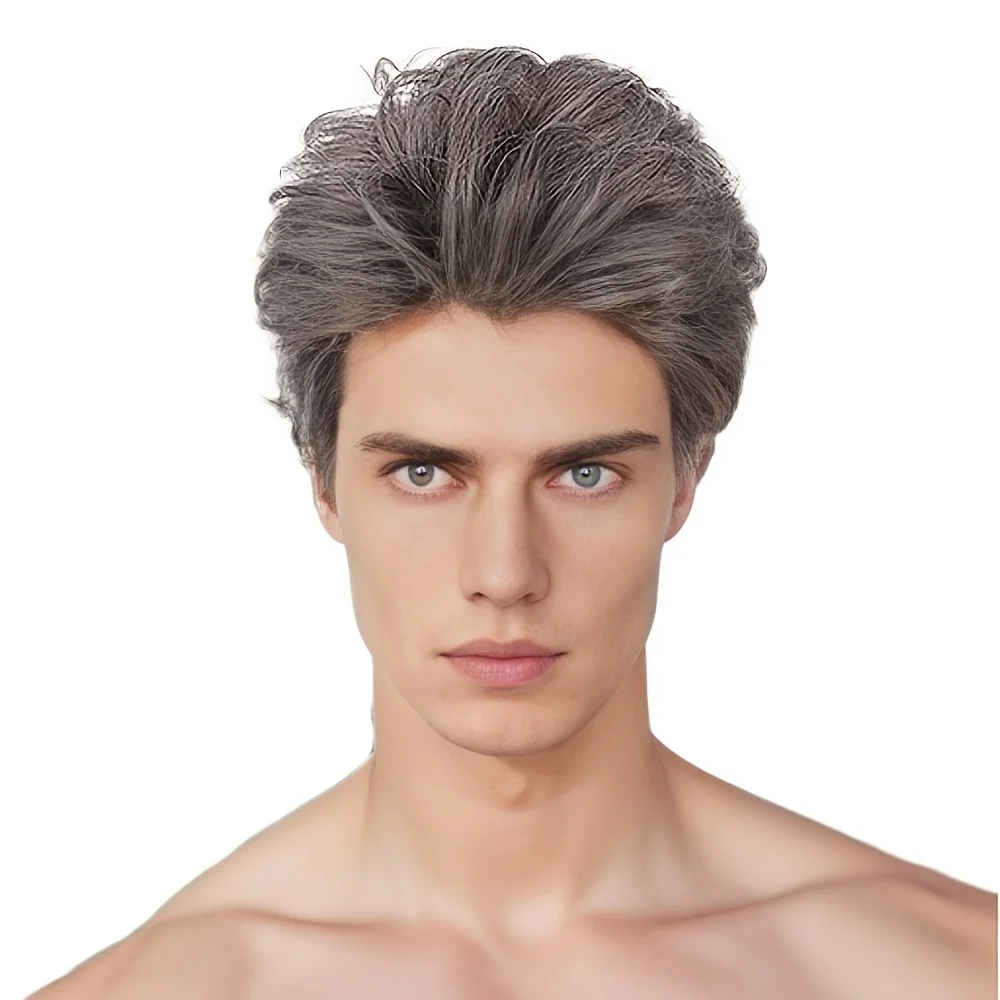 Men's Wigs Short Brown Synthetic Wig with Bangs Curly Fake Hair For Male Cosplay Natural Wig