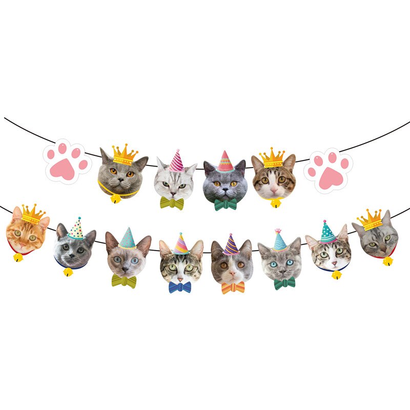 Cartoon Cat Dog Pet Party Flag Banners Cute Dog and Cat Animal Face Banner Pull Flower Pet Birthday Theme Party Decorations