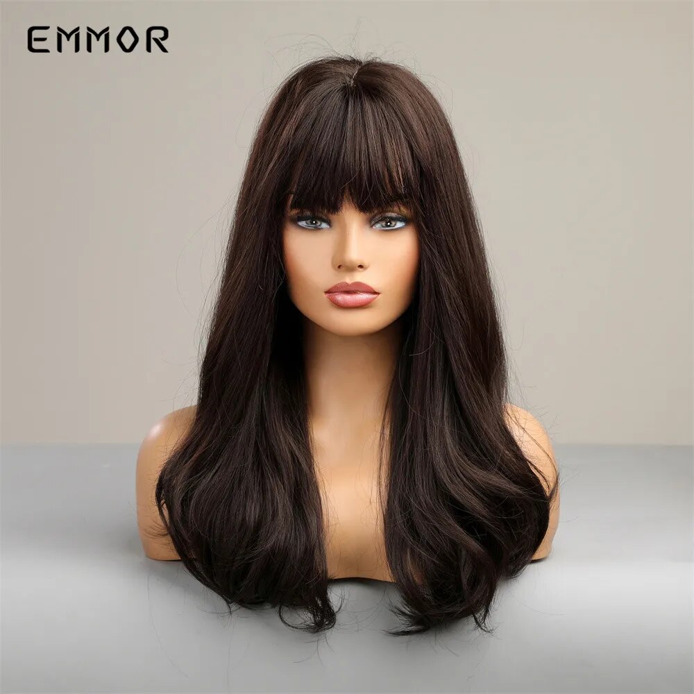Emmor Synthetic Ombre Brown to Black Wigs Natural Wavy Hair Wig for Women Cosplay Daily Wigs with Bang Heat Resistant Fiber Hair