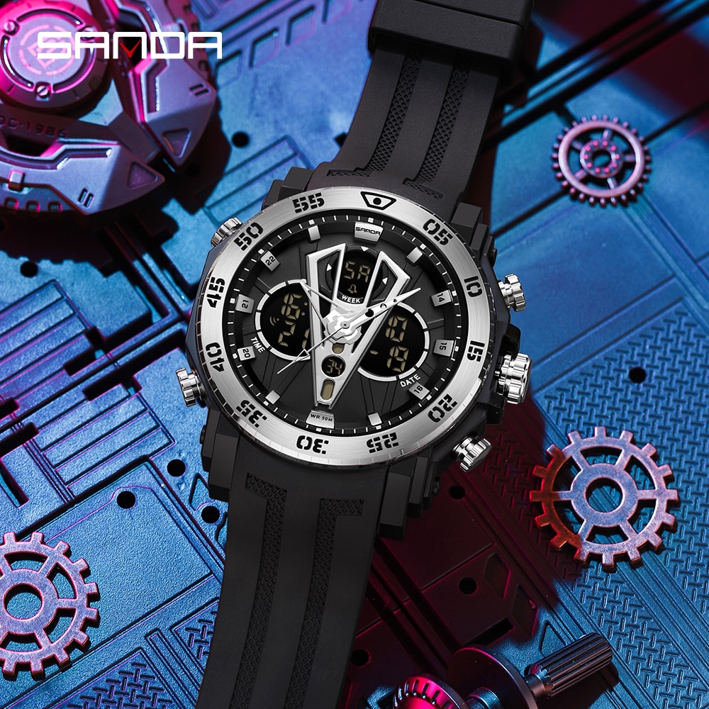SANDA Brand Men Watches Dual Display LED Digital Quartz Wristwatch 50M Waterproof Sports Military Watch Relogios Masculino 6105