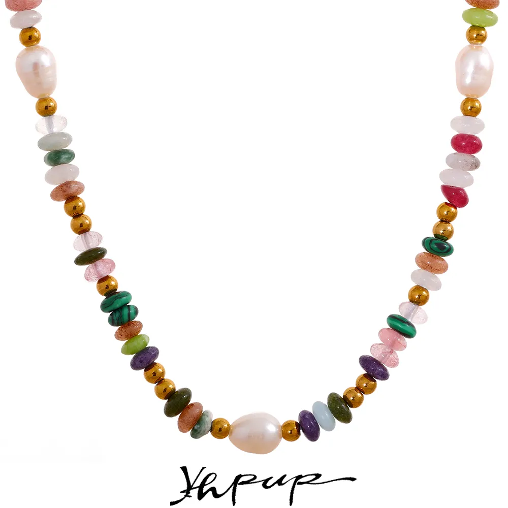 Yhpup Y2K Natural Pearl Stone Colorful Handmade Boho Necklace Women Stainless Steel Aesthetic Gold Color Fashion Jewelry 2023
