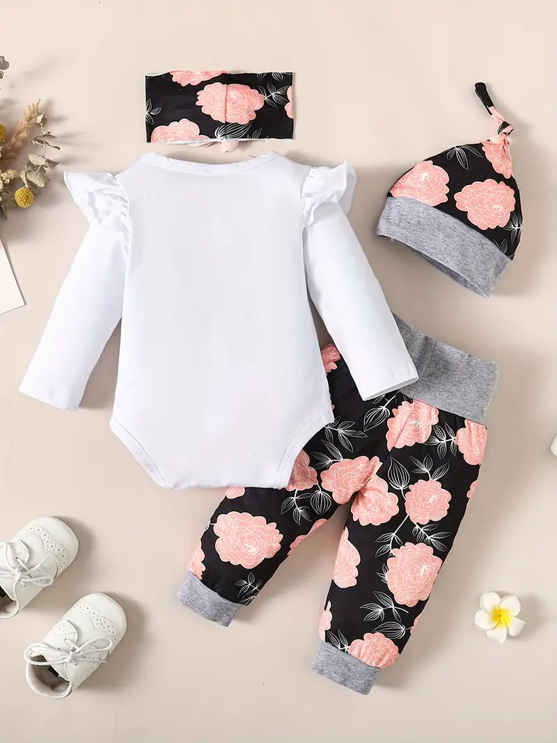 infant baby comfy cute outfit letter graphic romper floral print pants headband set details 33