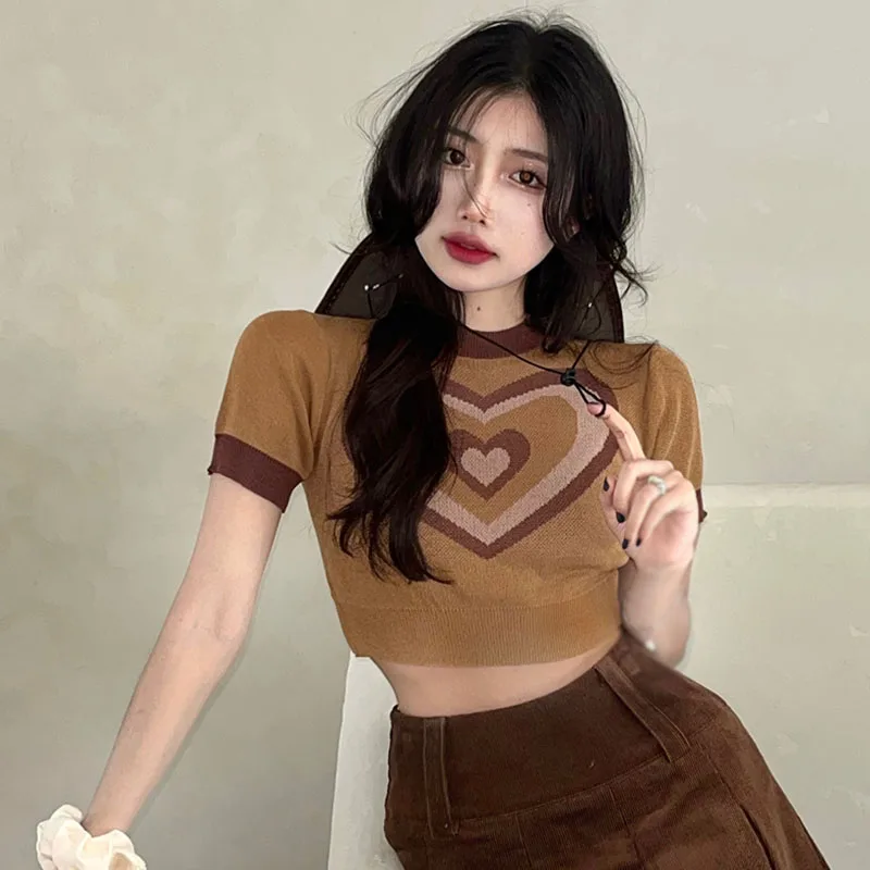 Sweet Women's T-Shirt Retro Short Sleeve Jacquard Love Breathable Slim Fit Knitted Crop Tops Casual Spring Summer Versatile