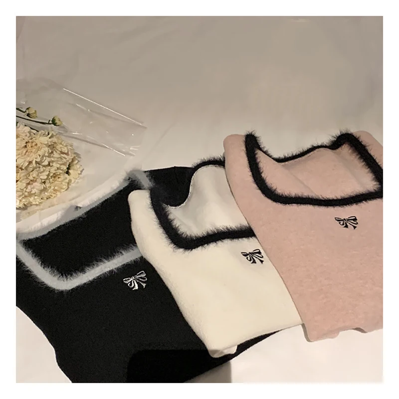 HELIAR Women Butterfly Embroidered T-shirts Square Neck  Long Sleeve Patchwork Y2K T-Shirts Casual Tees Women 2023 Autumn Winter