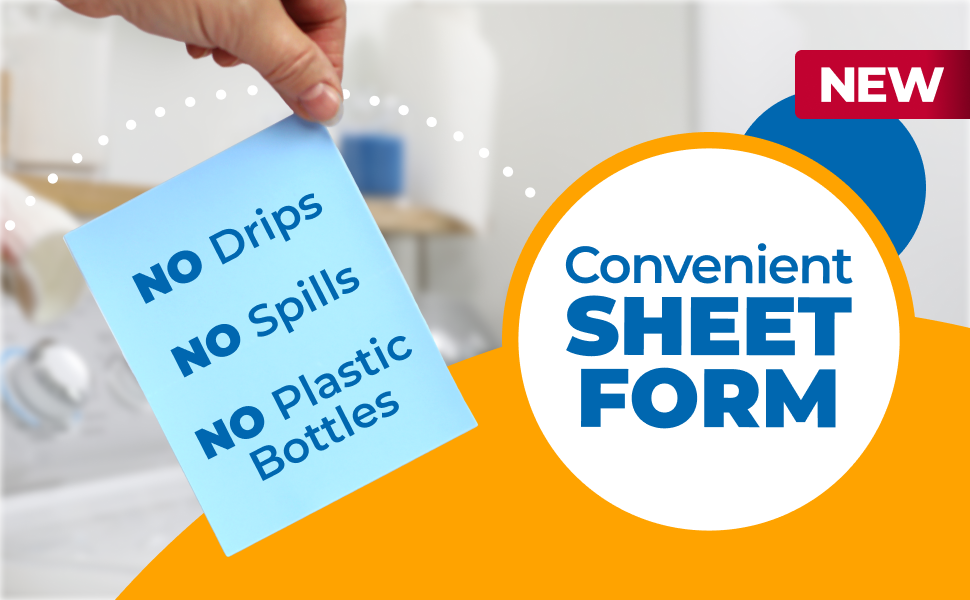 No drips, no spills, no plastic bottles convenient sheet form