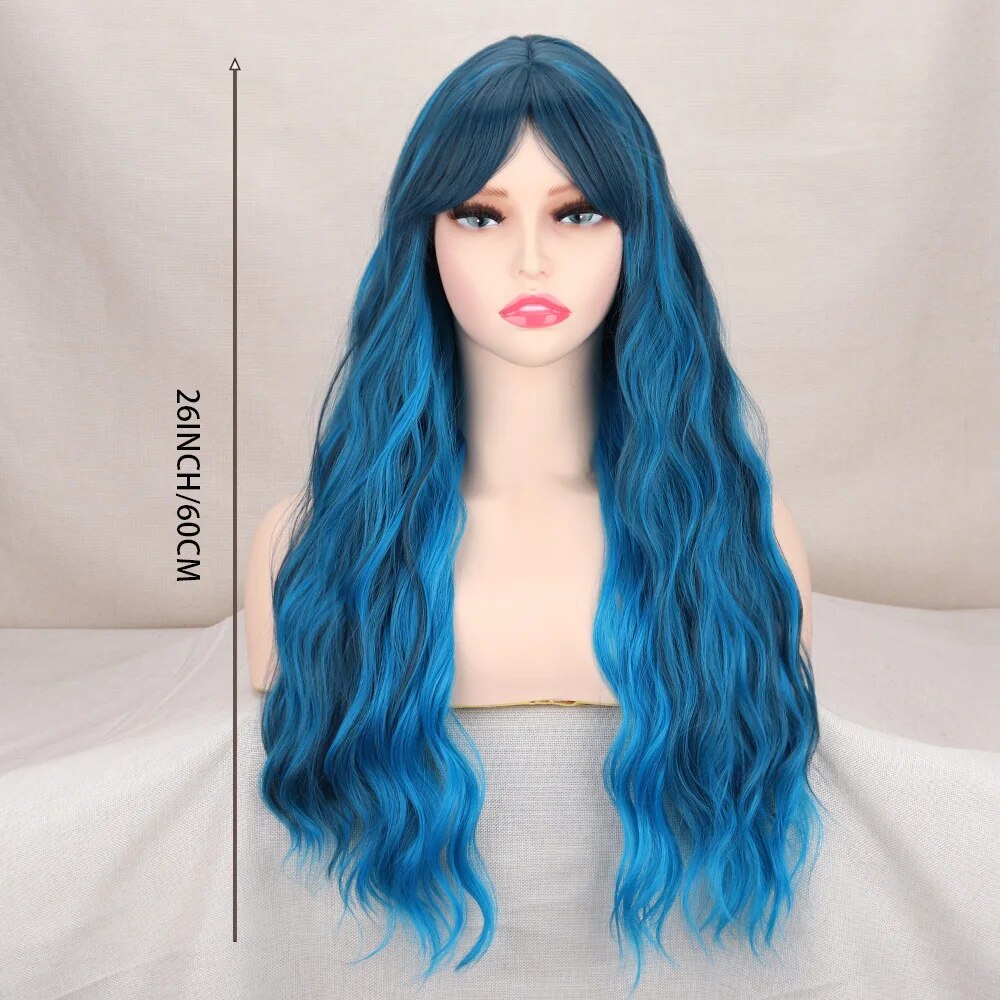 Long Blue Synthetic Wigs Natural Wavy With Bangs High Temperature Fiber Wigs for Women Cosplay Party Daily Wigs