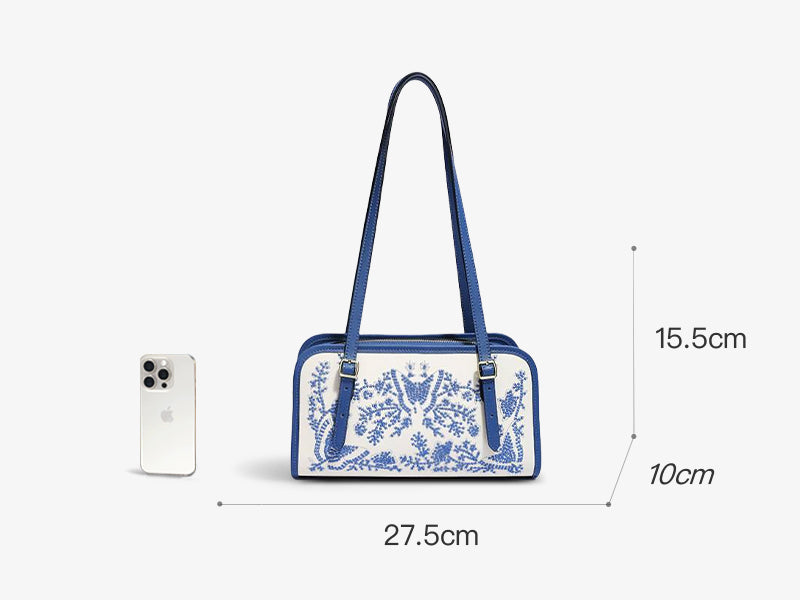 Embroidery Leather Blue and White Shoulder Bag Butterfly Designer Handbag