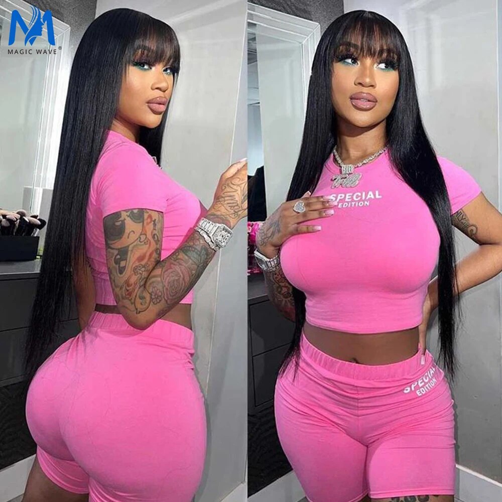Full Machine Made Straight 100% Real Human Hair Wigs with Bangs for Black Women 200 Density Brazilian Hair Bangs Wig 40 Inches