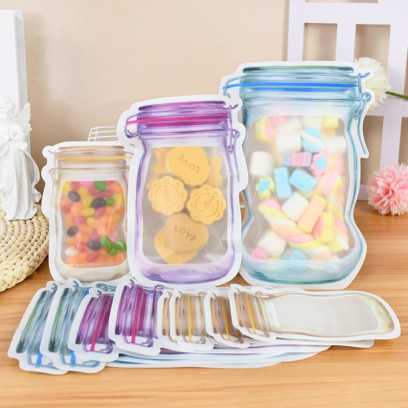 5/10pcs Reusable Mason Jar Bottles Bags Stand-Up Food Storage Snack Candy Bags Zipper Bag Portable Kitchen Organizer Sealed Bag