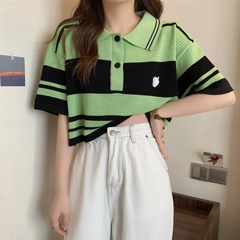 High Waist Ladies Striped Tops Embroidery Short Ice Silk Tees Short Sleeves Fashion Temperament Turn Down Collar T-Shirts
