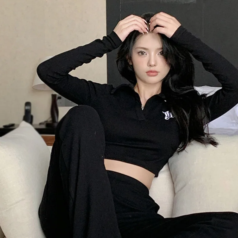 Top Spring Fashion Korean Style Slim All-Match Long-Sleeved V-Neck Spring Autumn Crop Tops