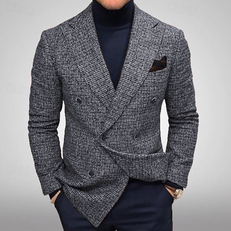 Men's Blazer Business Cocktail Party Wedding Party Fashion Casual Spring &  Fall Polyester Houndstooth Button Pocket Comfortable Double Breasted Blazer Brown Gray 2024 - US $61.99 –P1