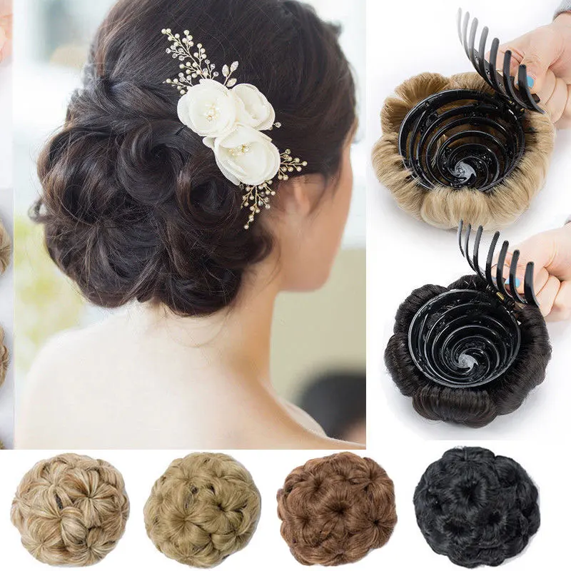 S-noilite Synthetic Claw Clip In Chignon Fake Hair Chignon Bun Hairpiece Black Brown Blonde Women Curly Chignon Bun Hair
