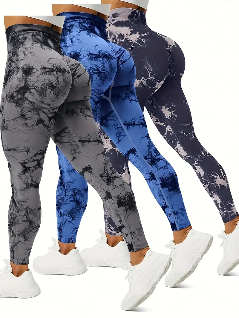 3pcs tie dye high waist sports leggings running workout fitness yoga tight pants womens activewear wide waistband details 49