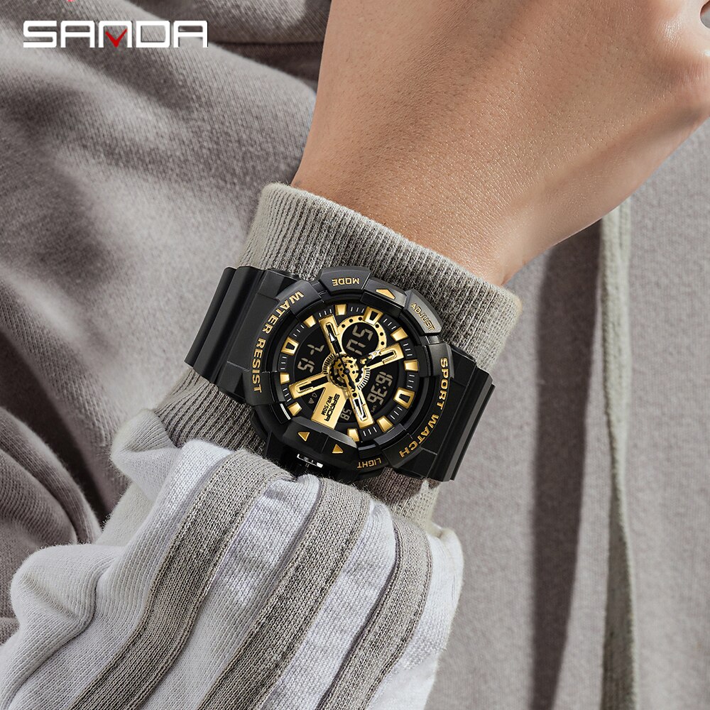 SANDA New Men's Watches Dual Display Sports Military 50M Waterproof Digital Watch Quartz Wristwatch Clock Relogio Masculino 3128
