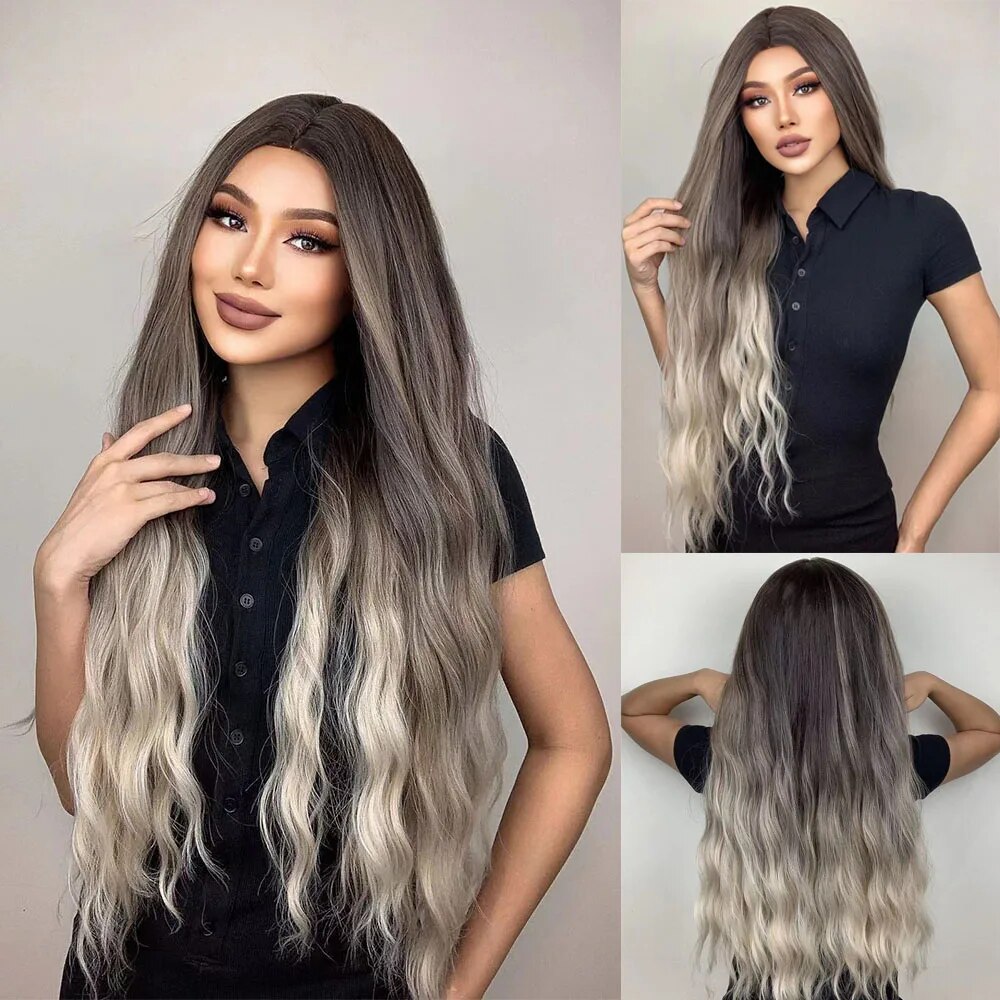 HENRY MARGU Long Curly Wig for Women Afro Ombre Brown Blonde Ash Middle Part Synthetic Wig Cosplay Party Heat Resistant Fake Hai