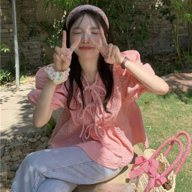 Sweet Cute Blouses Women Korean Bandage Puff Short Sleeve Shirts Summer Vintage Kawaii Bow Lace Up Loose Casual All Match Tops