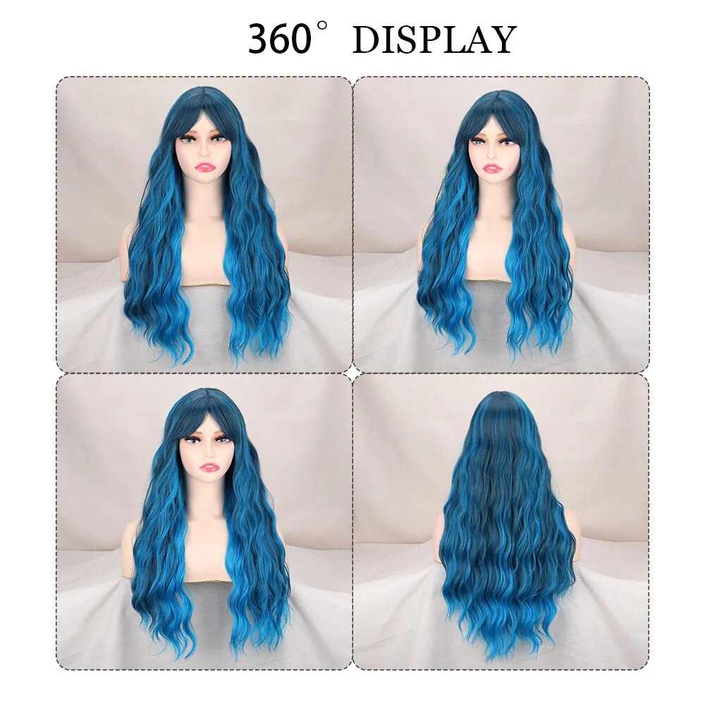 Long Blue Synthetic Wigs Natural Wavy With Bangs High Temperature Fiber Wigs for Women Cosplay Party Daily Wigs