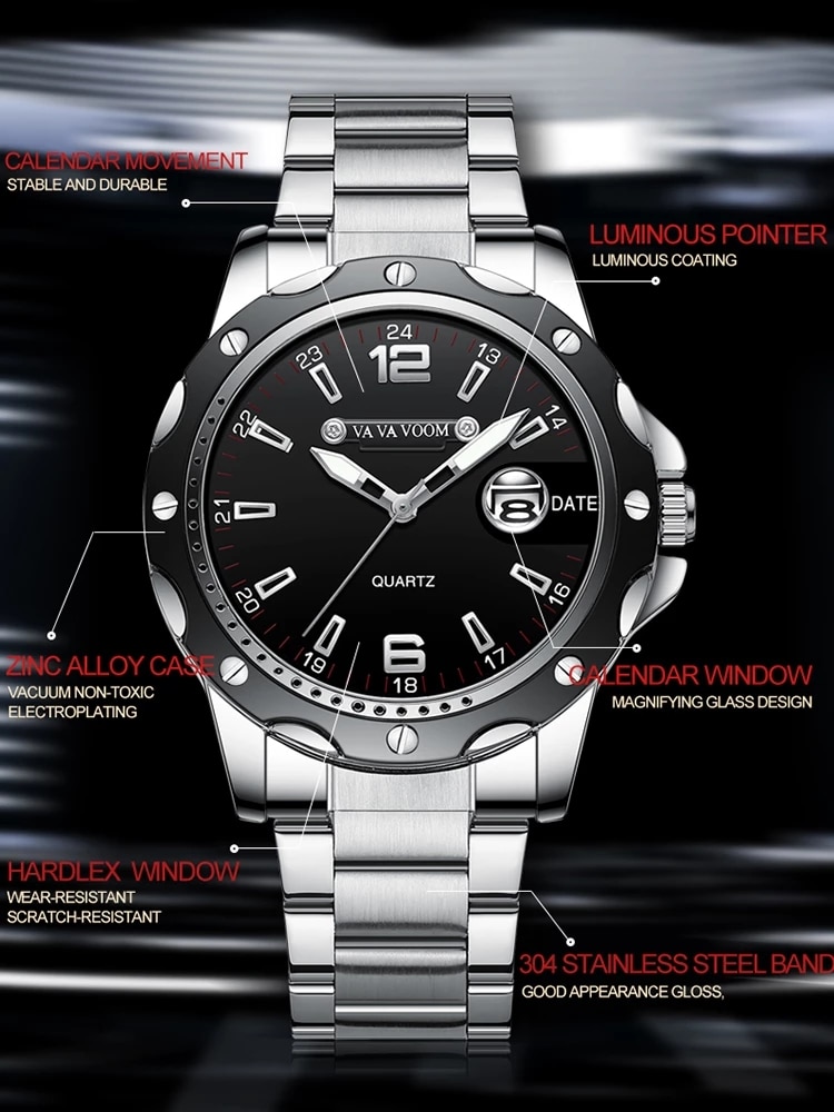 VAVA VOOM Top Brand Watch Men Stainless Steel Business Date Clock Waterproof Luminous Watches Mens Luxury Sport Quartz Watch